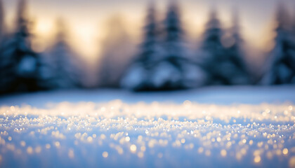 Zimowe tło ze śniegiem i rozmytym lasem - obrazy, fototapety, plakaty