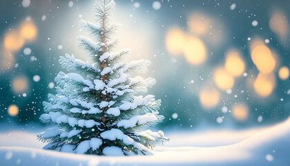 Zimowe, Bożonarodzeniowe tło ze śniegiem i ośnieżonym świerkiem