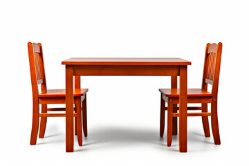 Wooden table and two chairs with white background behind them.