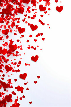 Bunch of red hearts floating in the air on white background.
