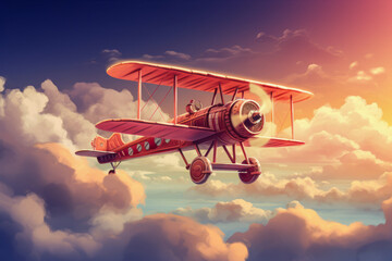 Painting of biplane flying in the sky with clouds below.
