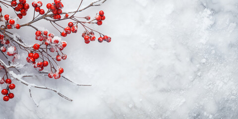 branches with red berries covered with frost on a snow-covered marble board. ai generative - obrazy, fototapety, plakaty