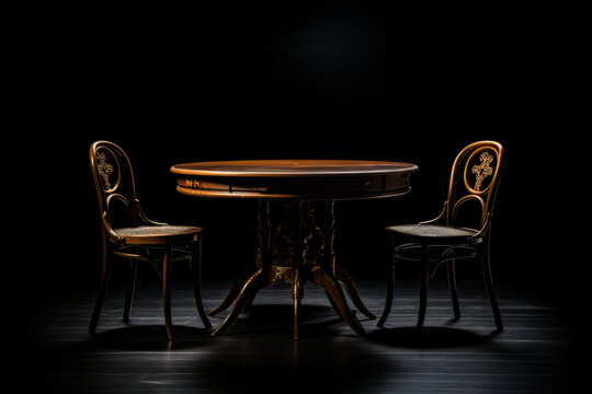 Table and chairs are shown in the dark room with black background.