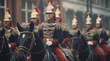 Regal Christmas Parade A traditional cavalry parade on Christmas, showcasing regal uniforms and majestic horses against a backdrop of historical buildings.