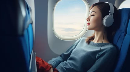 Poster women and traveling by plane, Young woman tourist listening music during flight © CStock