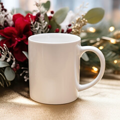Obraz na płótnie Canvas Solid White Blank Coffee Mug Mockup in a Holiday Setting with Rich Red Florals and Christmas Tree Lights