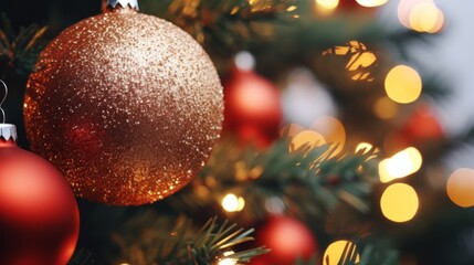 Festive Christmas Tree with Glittering Red and Gold Ornaments Illuminated by Warm White Lights