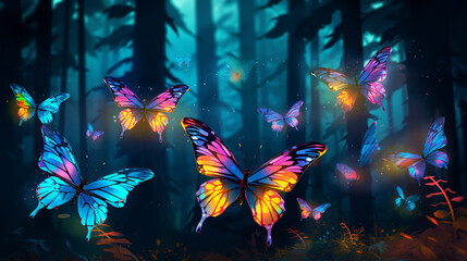 Fototapeta na wymiar multi-colored glowing electric butterflies in a dark forest. ai generative