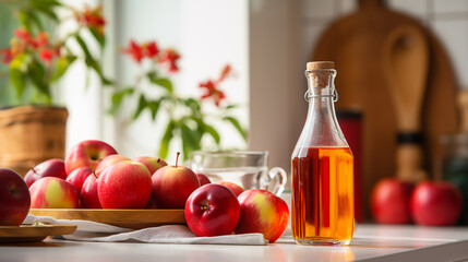 Vinegar, fresh apples on kitchen background. ai generative