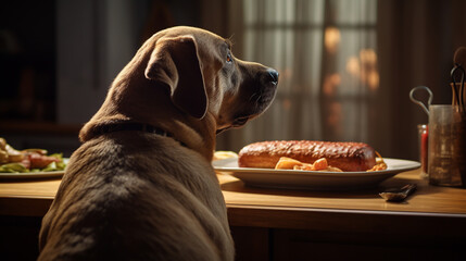 the dog looks at the roast turkey lying on the holiday table. ai generative - obrazy, fototapety, plakaty