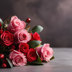 Bouquet of red and pink roses, interesting background for Valentine's day, copy space area, ai generative