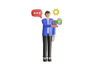 man holding megaphone 3d illustration. Business announcement. Announcement or advertisement concept