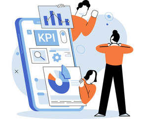 KPI key performance indicator. Vector illustration. A report on business metrics creveal areas improvement The solution performance issues often lies in KPI research Business success hinges on right