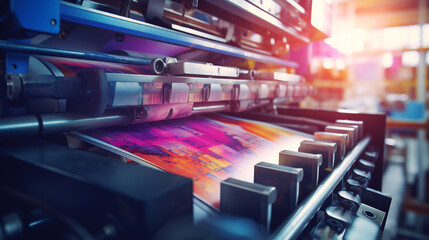 Close-up of a press printing machine in operation of printing in color. Printing house, publishing industry. ai generative - obrazy, fototapety, plakaty