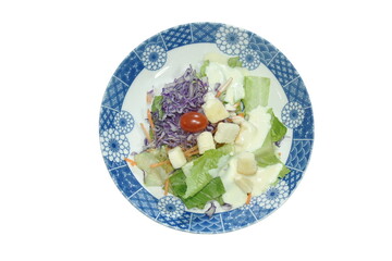 fresh vegetable salad topping crispy bread dressing mayonnaise sauce on plate