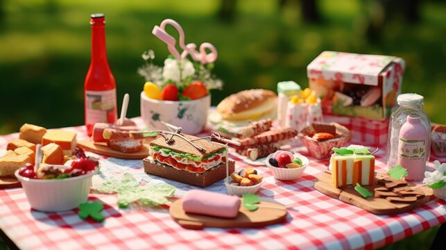 Picnic food sandwich outdoor with tablecloth set.
