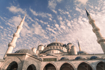 Fototapeta na wymiar Photograph of the Blue Mosque in Istanbul. Religion Islam, sacred place. Turkey. Photography for travel agency. Trip to Turkey.
