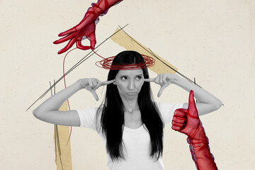 Creative collage of funny young woman fingers close ears depressed ignore society thumb up...