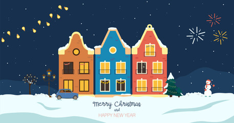 Fototapeta na wymiar Merry Christmas and Happy New Year. Christmas winter city. Houses in snow, snowman, garland. Houses on the background of winter landscape. Flat style