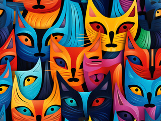 Abstract pattern of a cat's face that repeats and tiles. Vivid color. 2D flat cartoon style illustration.
