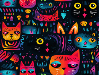 Abstract pattern of a cat's face that repeats and tiles. Vivid color. 2D flat cartoon style illustration.
