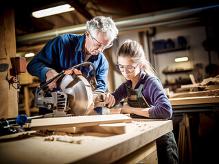 An elderly man teaches a teenager how to work a carpentry machine. - obrazy, fototapety, plakaty