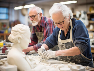 The retirees work together in a pottery studio. - obrazy, fototapety, plakaty