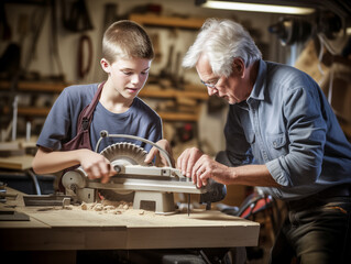 An elderly man teaches a teenager how to work a carpentry machine.