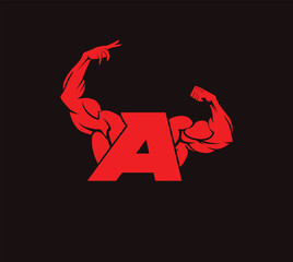 bodybuilder unique vector with letter A, gym and fitness logo, design, emblem and icon
