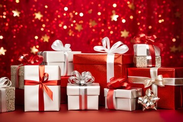 Fototapeta premium Festive Red Christmas Background with Presents