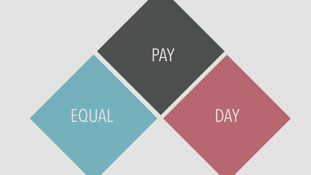 Colorful equal pay themed animation on grey background. Colored squares with "Equal pay day" written in them. 