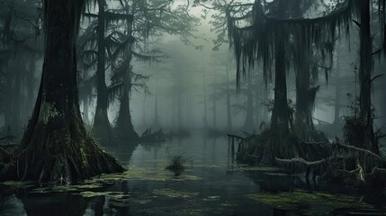 Mystical swamp in an ominous fog. Fantasy background. Generative AI