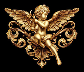 Gold metal decorative cupid isolated on black background, beautiful Baroque golden cupid with ornaments. - obrazy, fototapety, plakaty