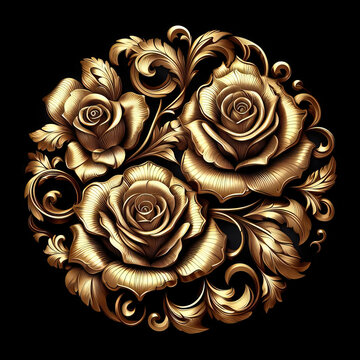 Gold roses flowers isolated on black, abstract floral background with metal golden flowers ornaments.