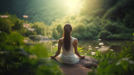 Frau in meditativer Yoga-Pose genießt die Ruhe der Natur auf einer Wiese bei Sonnenuntergang - obrazy, fototapety, plakaty