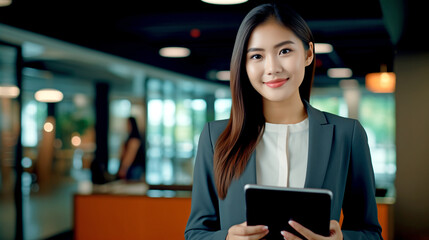 Fototapeta premium YOUNG HAPPY ASIAN WOMAN WITH TABLET. legal AI