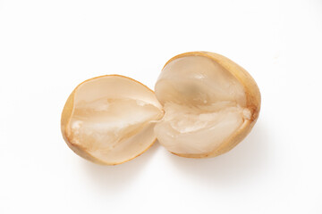 Sliced​ Lanzones from Southern Thailand isolated white background. Sweet Thailand fruit.