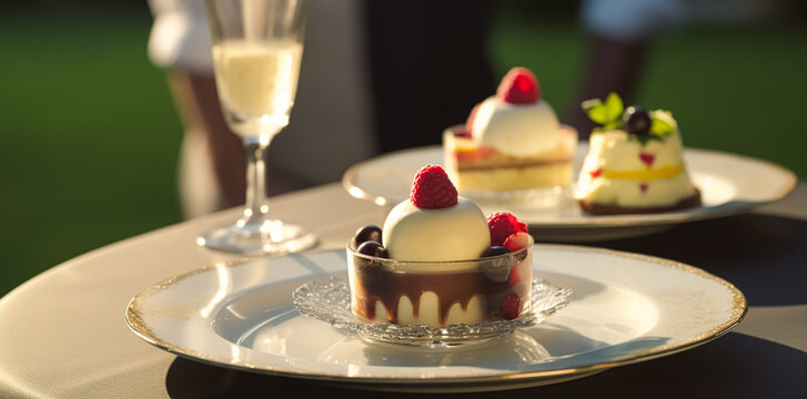 Luxury food service, desserts by a waiter at a wedding celebration or formal event in classic English style at luxurious hotel or country estate, generative ai