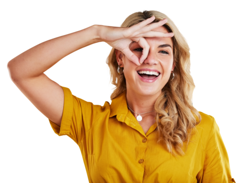 Portrait, smile and funny face with the hand of a woman in a fashion outfit isolated on a transparent background. Face, happy and hand gesture with a trendy young person in a clothes outfit on PNG