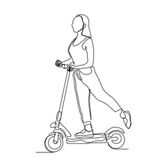 Continuous single line sketch drawing of young woman ride electric scooter for mobile activity. One line modern go green future transportation vector illustration © MuhammadZulfan
