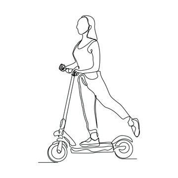 recommend clip art: Continuous single line sketch drawing of young woman ride electric scooter for mobile activity. One line modern go green future transportation vector illustration