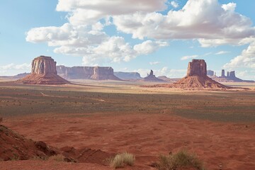 The iconic Mittens formations, as seen on the Monument Valley Scenic Drive