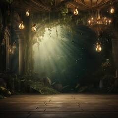 A stage with a chandelier and flowers in a forest abstract background - obrazy, fototapety, plakaty