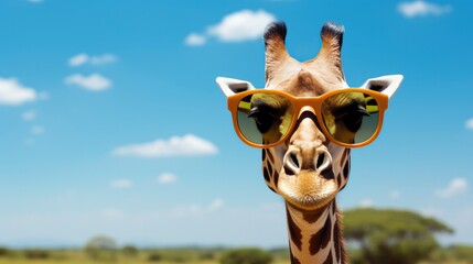 Obraz premium Giraffe wearing sunglasses on an African plain with acacia trees background.