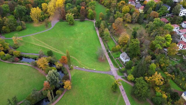 Nice aerial top view flight drone. Weimar Goethe garden House autumn landscape