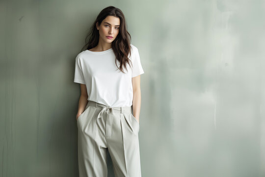 asual female top model showing on an empty space. AI generated