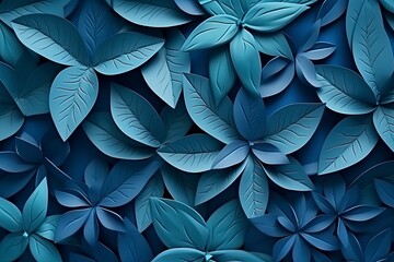 Kaleidoscope of blue paper leaves on a blue background. - obrazy, fototapety, plakaty