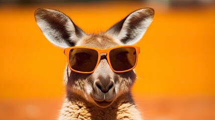 Kangaroo wearing sunglasses on an Australian outback red sand background.