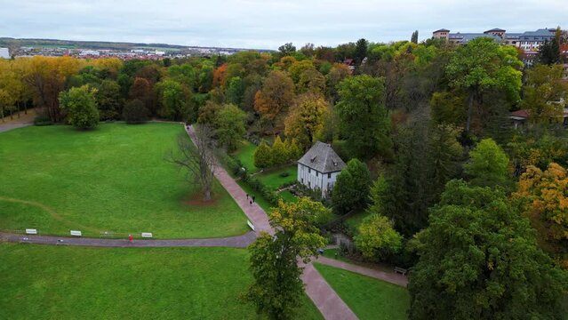 Perfect aerial top view flight drone Weimar Goethe garden House autumn landscape