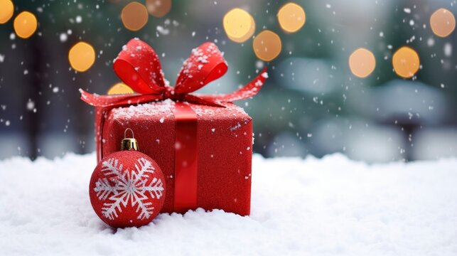 Red Christmas Ornament With Red Wrapping Paper And Christmas Box On A Snowy Background Photo.